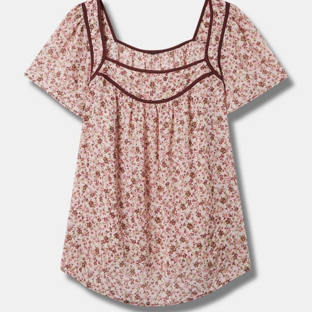 torrid Pink Floral Square-Neck Blouse with Burgundy Trim